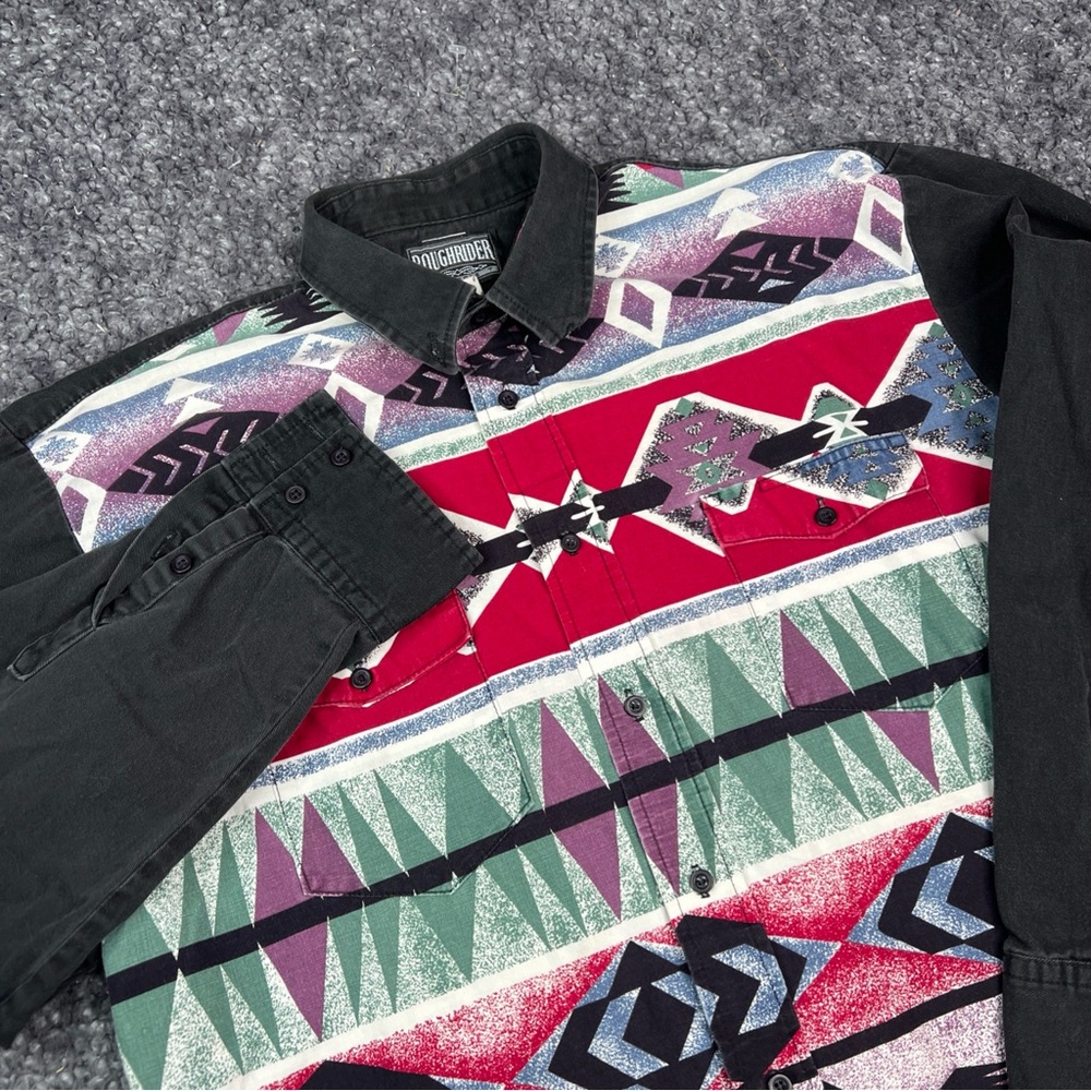Roughrider By Circle T Shirt Mens L Southwest Aztec Button Down USA Vtg